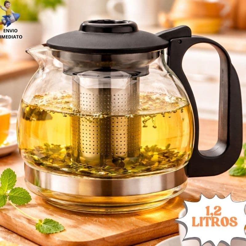 Bule Chaleira De Vidro Com Infusor Aço Inox Para Chá 1,2L