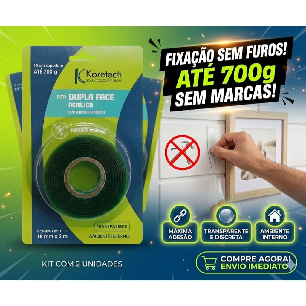 KIT 2 Fitas Dupla Face Koretech 18mmx2mt Fixação Sem Furos Top