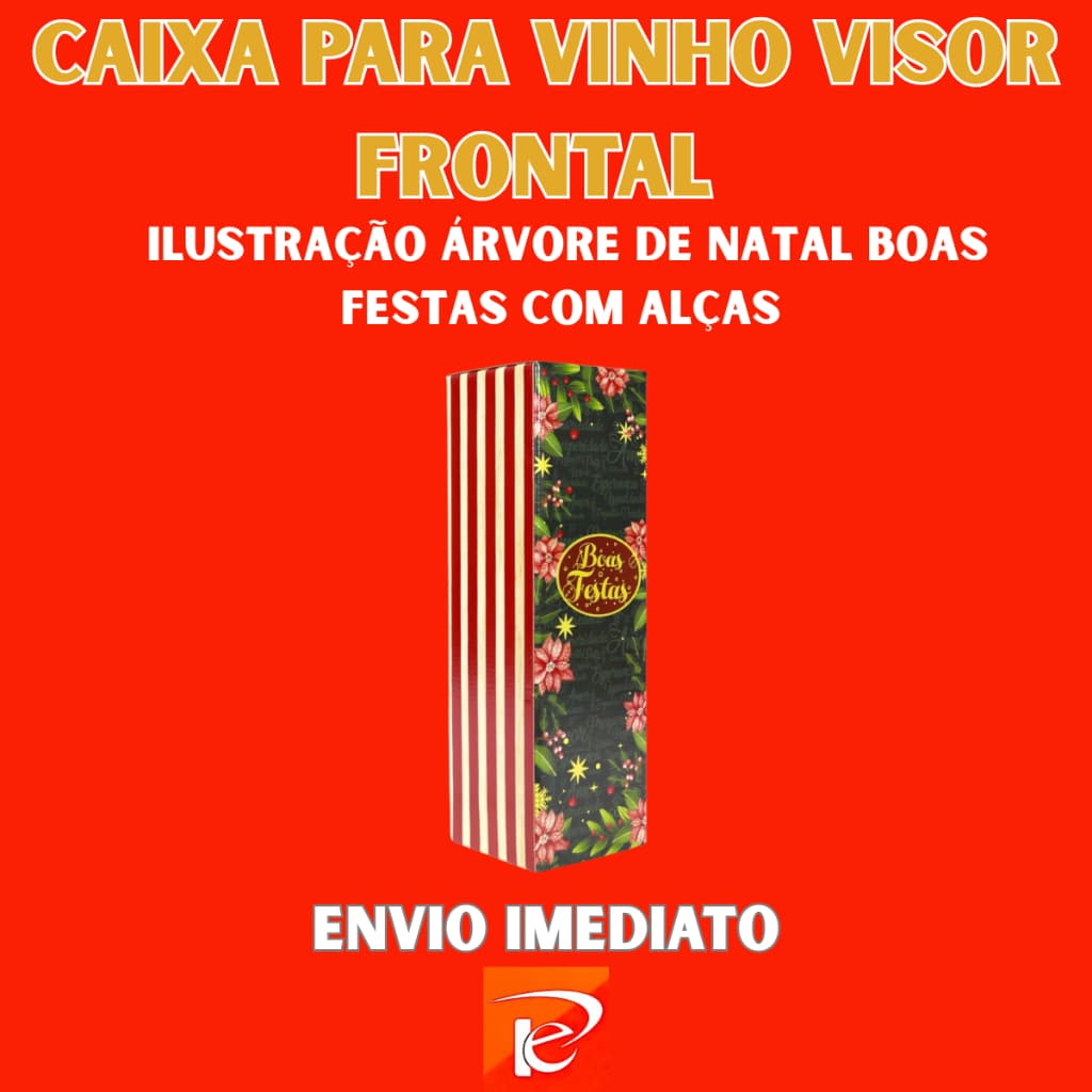Caixa para Vinho Visor Frontal Ilustração Árvore de Natal Boas Festas com Alças