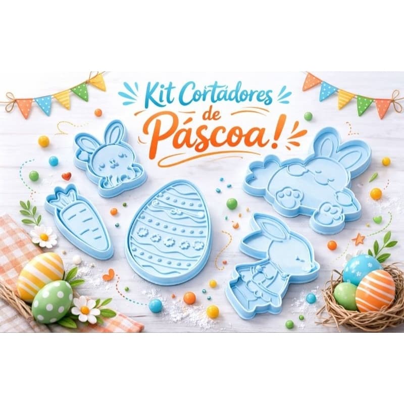 kit 5 cortadores para biscoitos ou massa com carimbo de páscoa