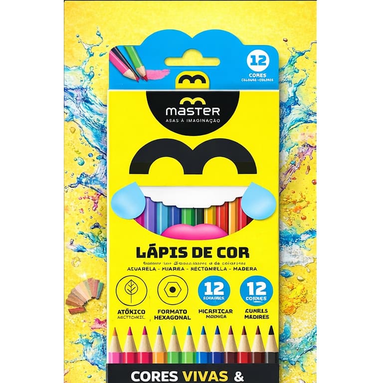Lápis de Cor Aquarela 12 Cores Master – Lápis Aquarela Madeira com Ponta Resistente, Alta Pigmentação, Formato Hexágonal