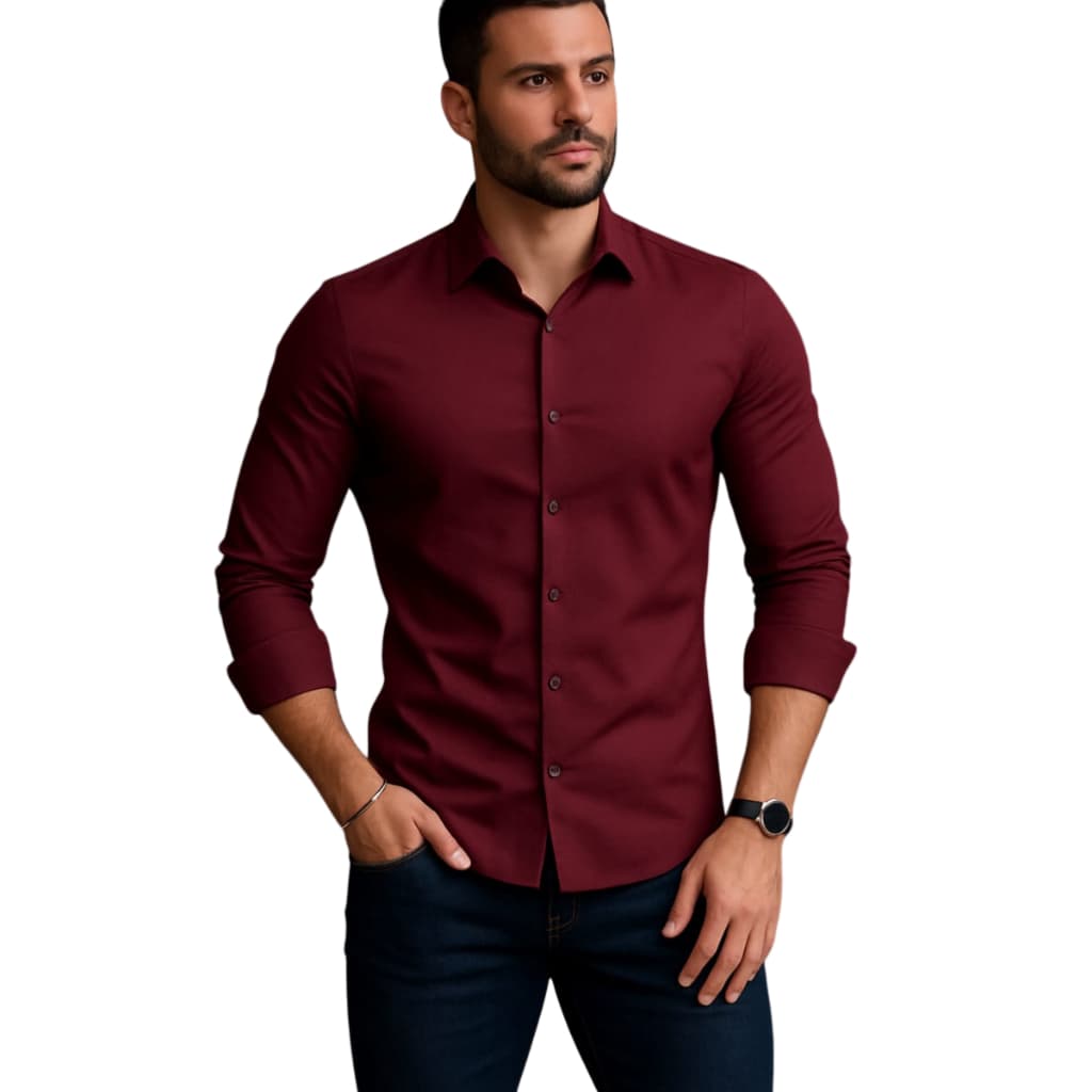 Camisa Masculina Manga Longa De Botões Slim Elegante Casual Sem Detalhe Interno gola e punho