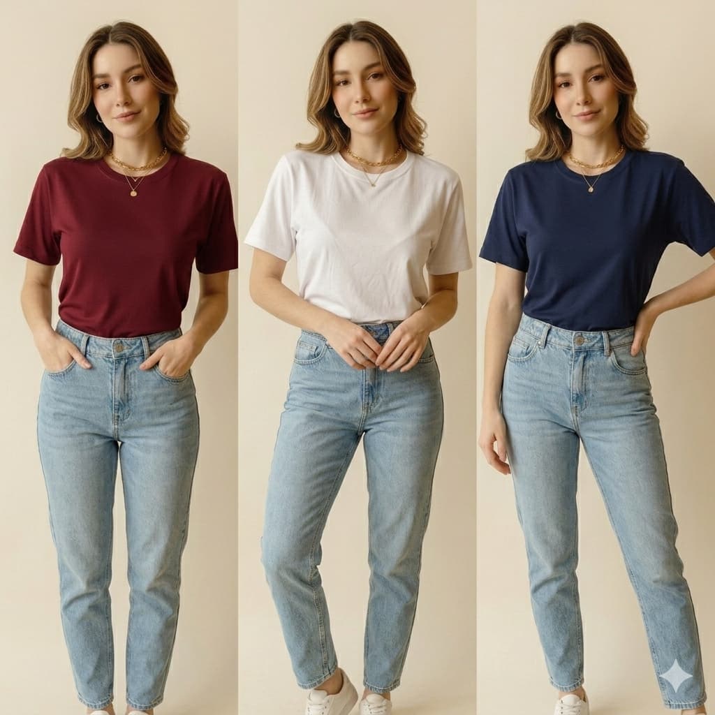 KIT com 3 camisetas feminina T SHIRT Gola ribana tecido 100% algodão