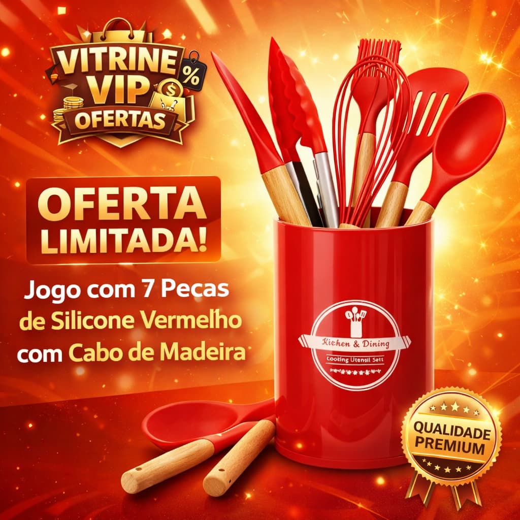 Kit Utensilios Silicone Vermelho Preto Cinza Cabo Madeira 7 Pçs Cozinha Resistentes Receitas Durável