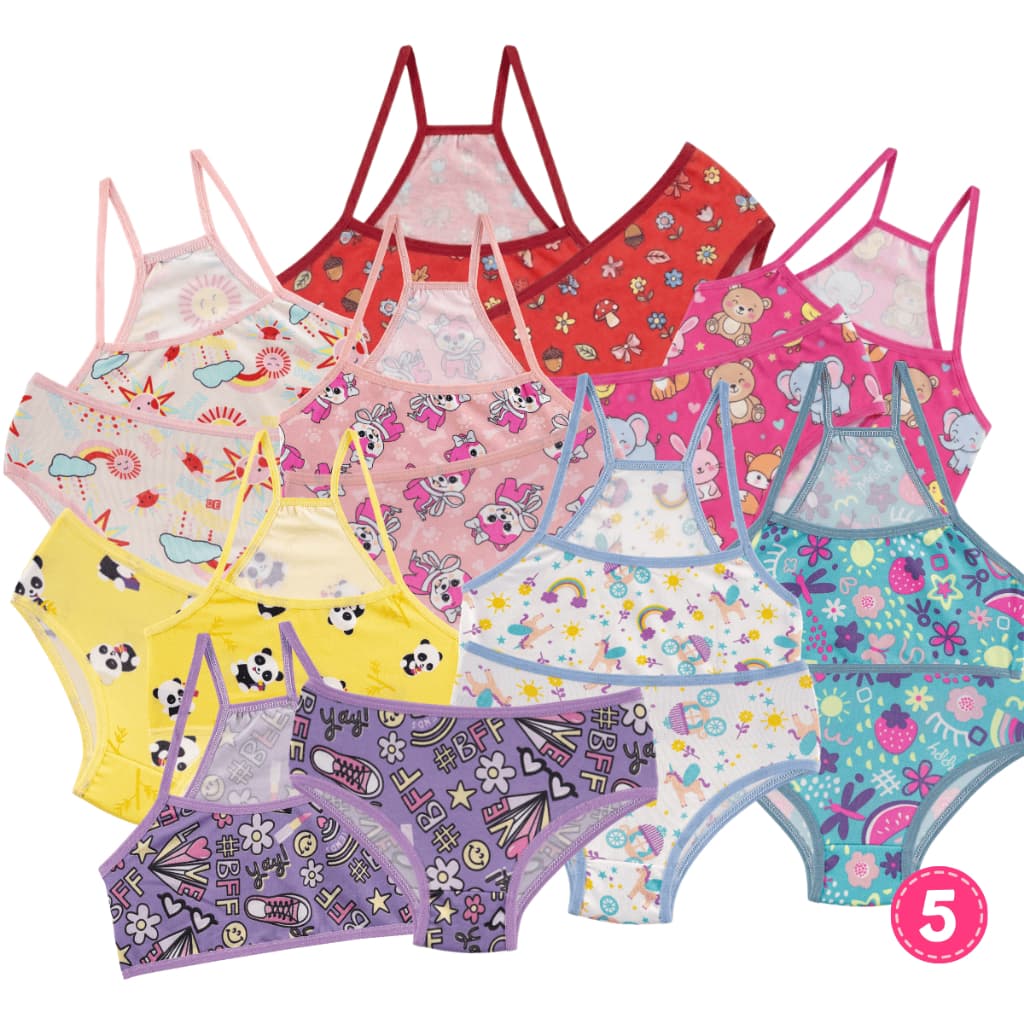 Kit 5 Conjunto Infantil Menina Moça Nadador Estampado Top e Calcinha Microfibra Forro 100% Algodão