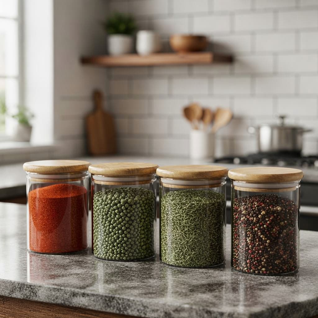 Kit 4 Pote De Vidro Mantimentos 300ml Alta Vedação Cozinha Para Temperos Organização Tampa de Bambu
