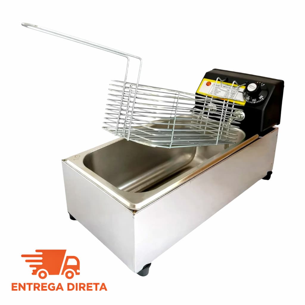 Fritadeira Elétrica Industrial 3L Aço Inox com Termostato e Cesto Profissional