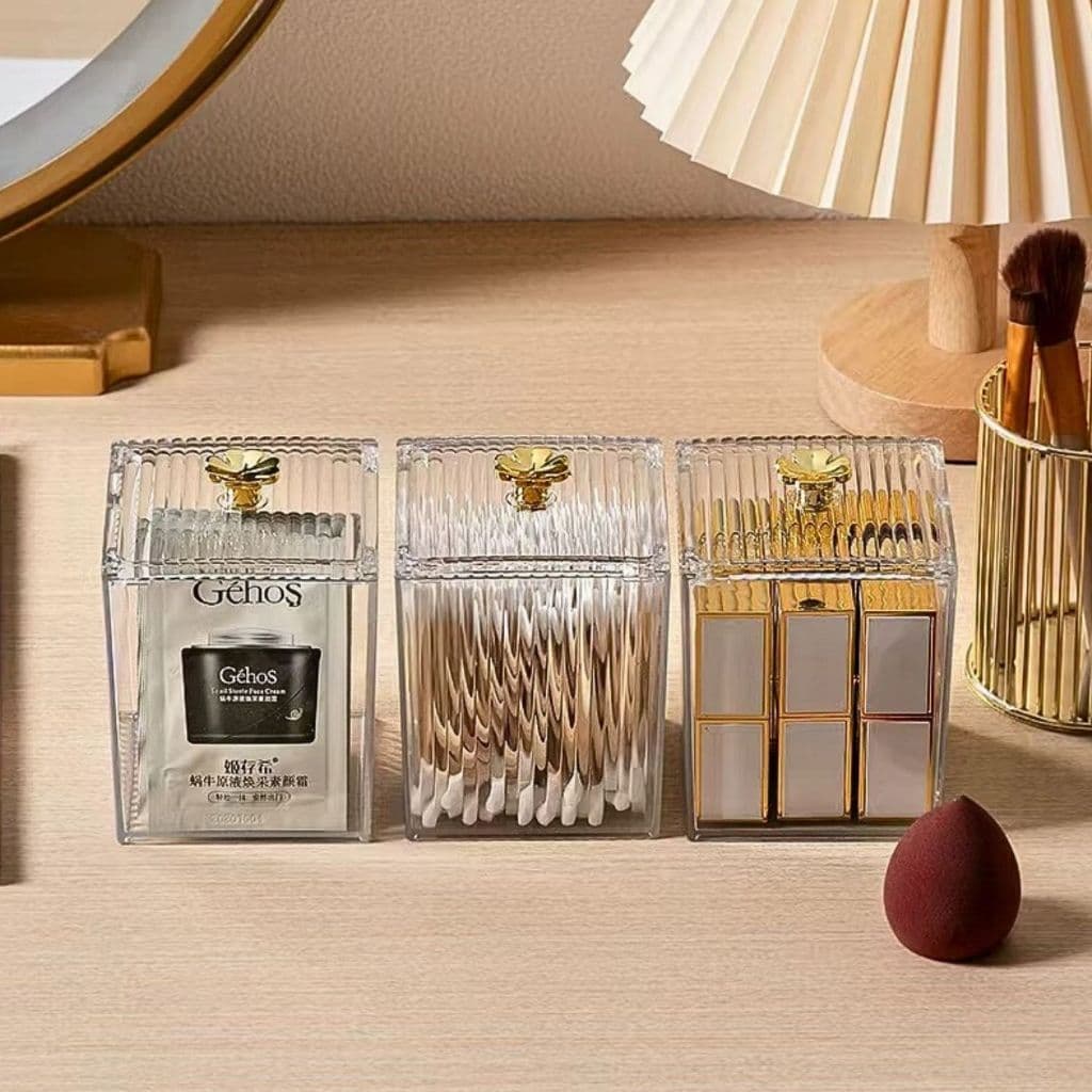 Organizador De Cosméticos Multiuso Porta Algodão Cotonete Com Tampa Dourada Acrílico Resistente