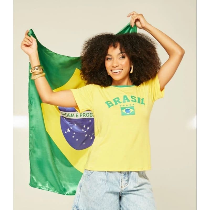 T Shirt Brasil Camiseta Brasil Feminina Amarela e Verde em Viscolycra Tamanho Único Confortável Moda Brasil