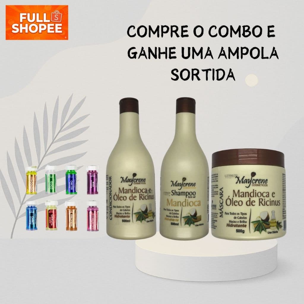 Cabelos Fortes e Hidratados! Kit Mandioca Maycrene – Leve o Trio Completo - Shampoo + Condicionador + Mascara + Ampola
