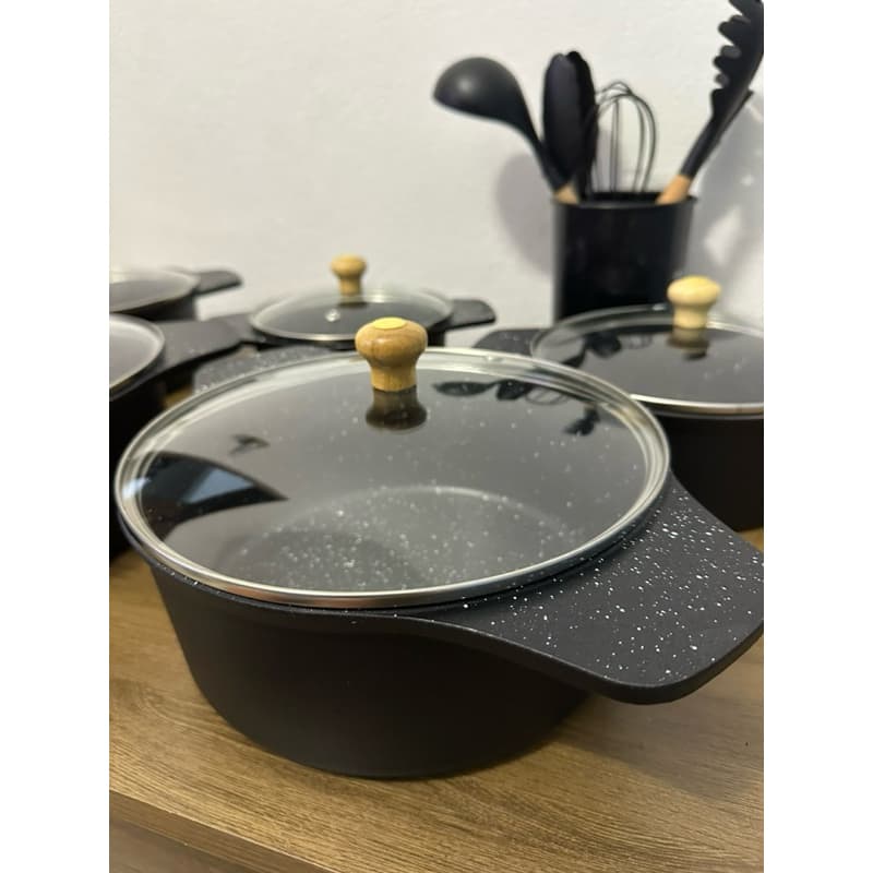 Jogo de Panelas ELLEGANCE Revestida com Cerâmica Super Grossas + Tampa de vidro + Luva de Silicone