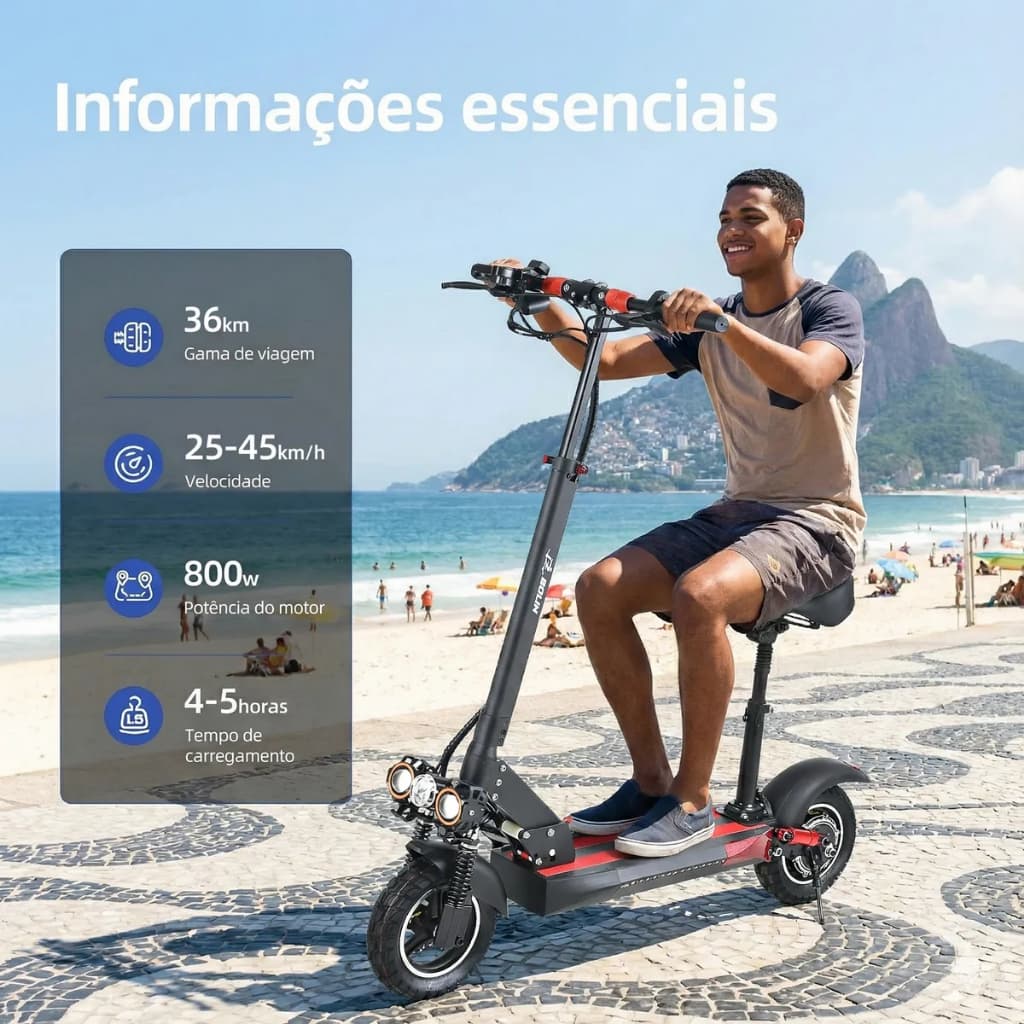 PATINETE ELETRICO T10 800W 48V 10AH C/ BANCO E CARTÃO NFC