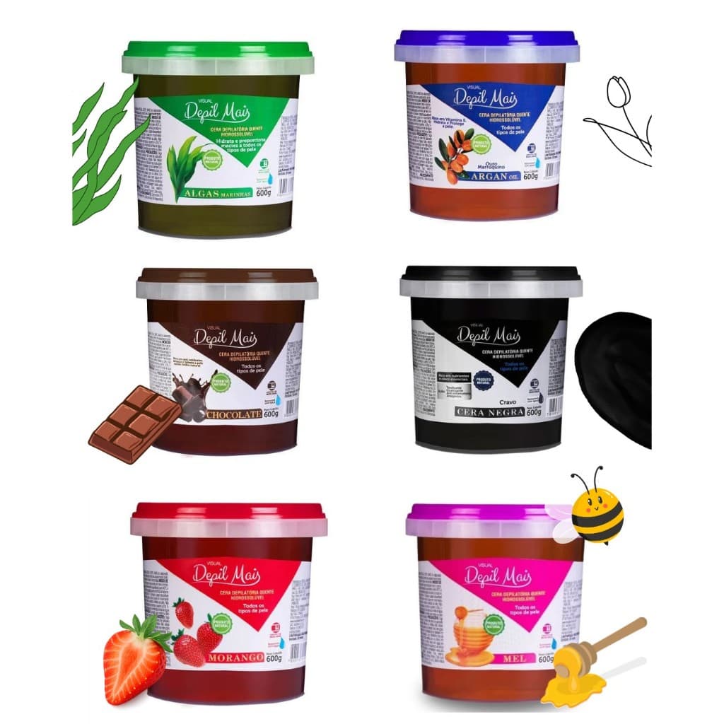 Cera Depilatória Depil Mais - Morango, Chocolate, Argan, Algas, Cera Negra, Mel 600G