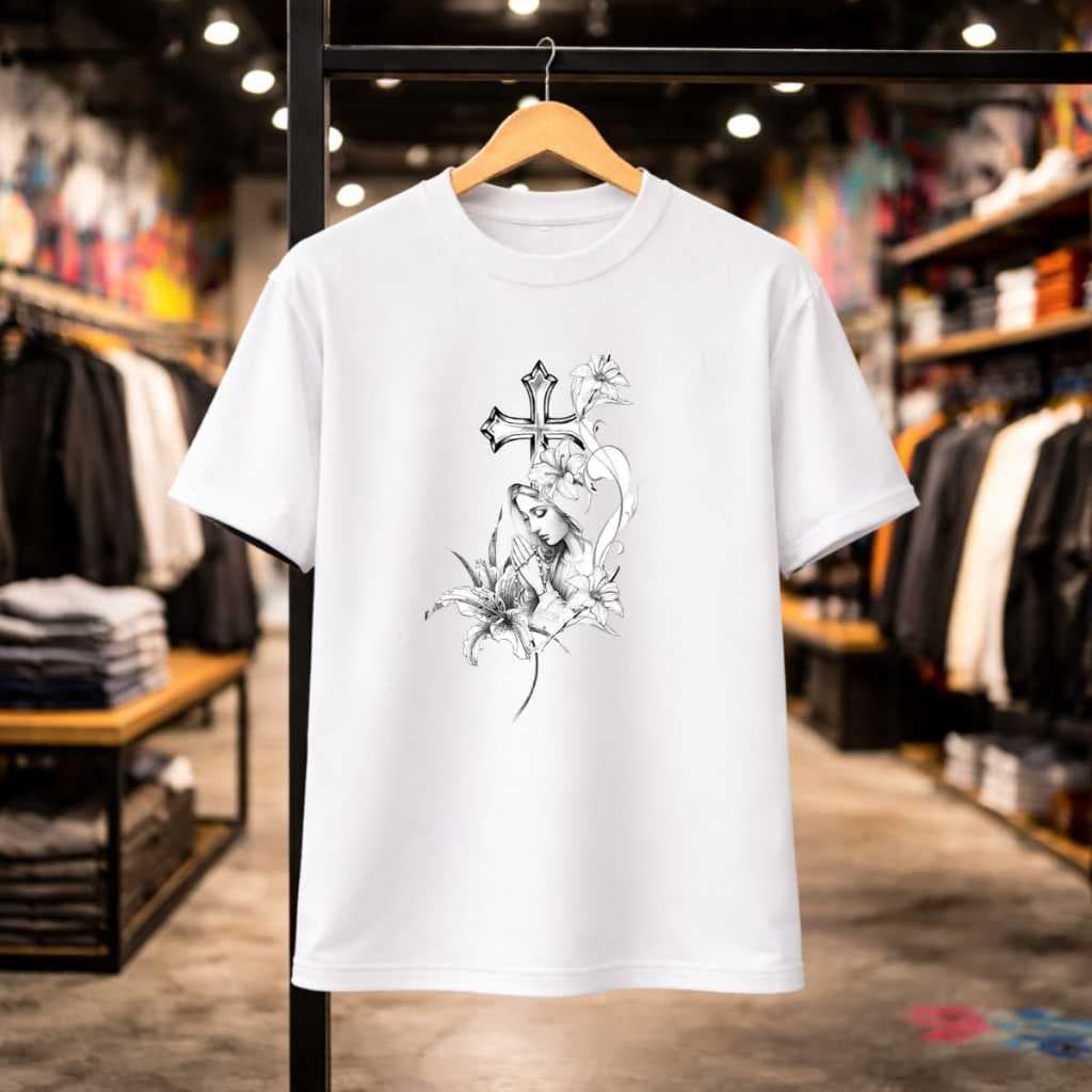 Camiseta Unissex 100% Casual Estampado Imagem Religiosa Nossa Senhora Cruz Flores Camisa Fé Cristã Casual Uso Diário