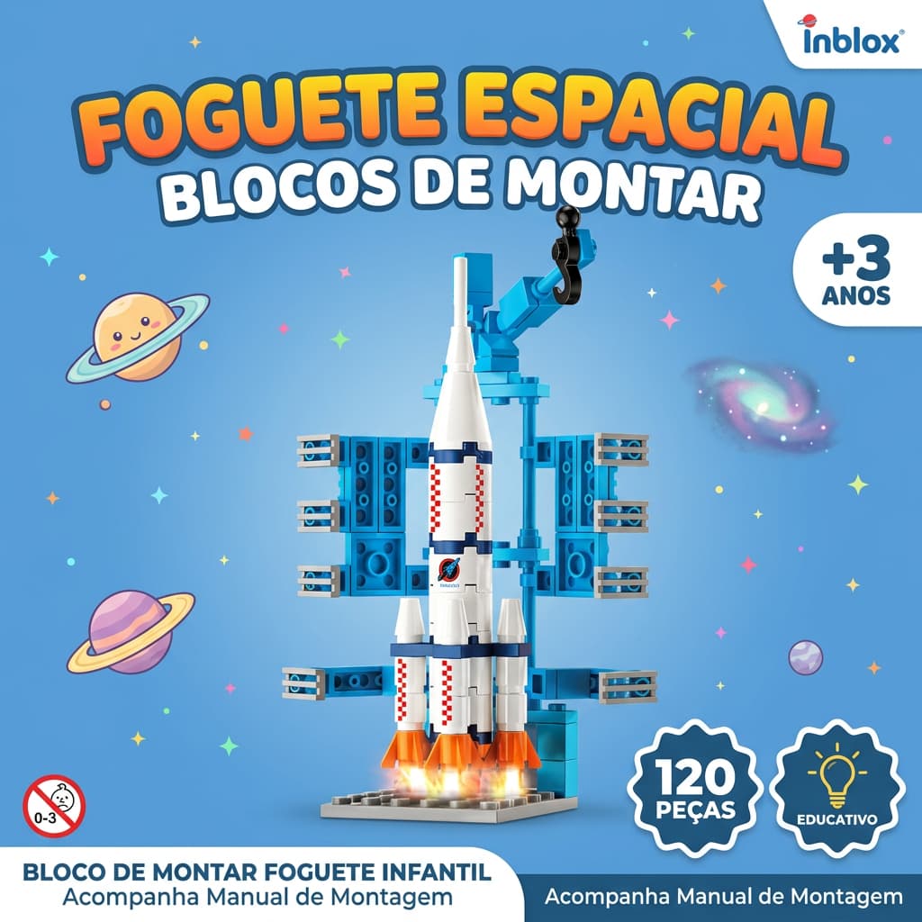 Blocos de Montar Foguete Infantil 120 Peças 3+ Brinquedo Educativo Presente