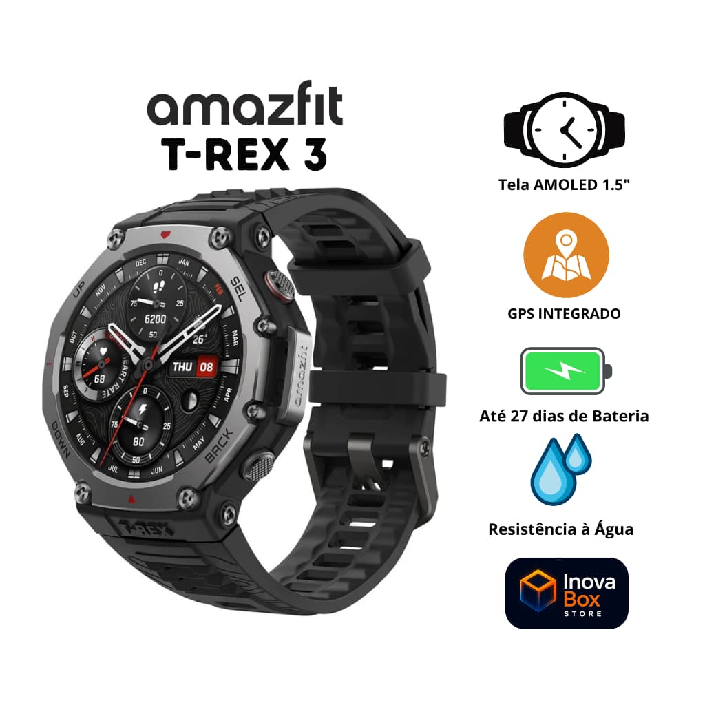 Relógio Smartwatch Amazfit T-Rex 3 Original - GPS - AMOLED - 48 mm - Resistência a Água - Bateria Longa