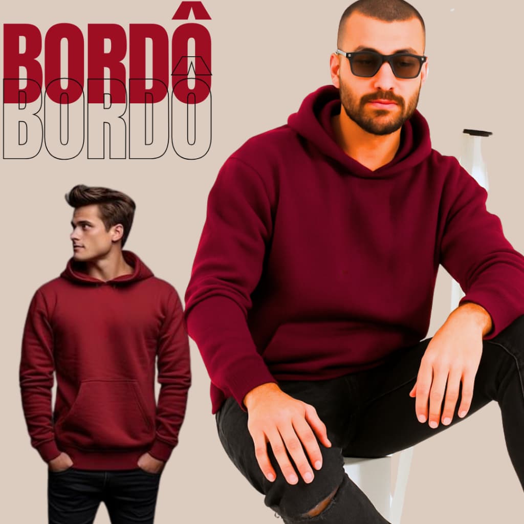MOLETOM CANGURU UNISSEX ALGODAO LISO COM CAPUZ SEM CORDÃO BORDÔ+