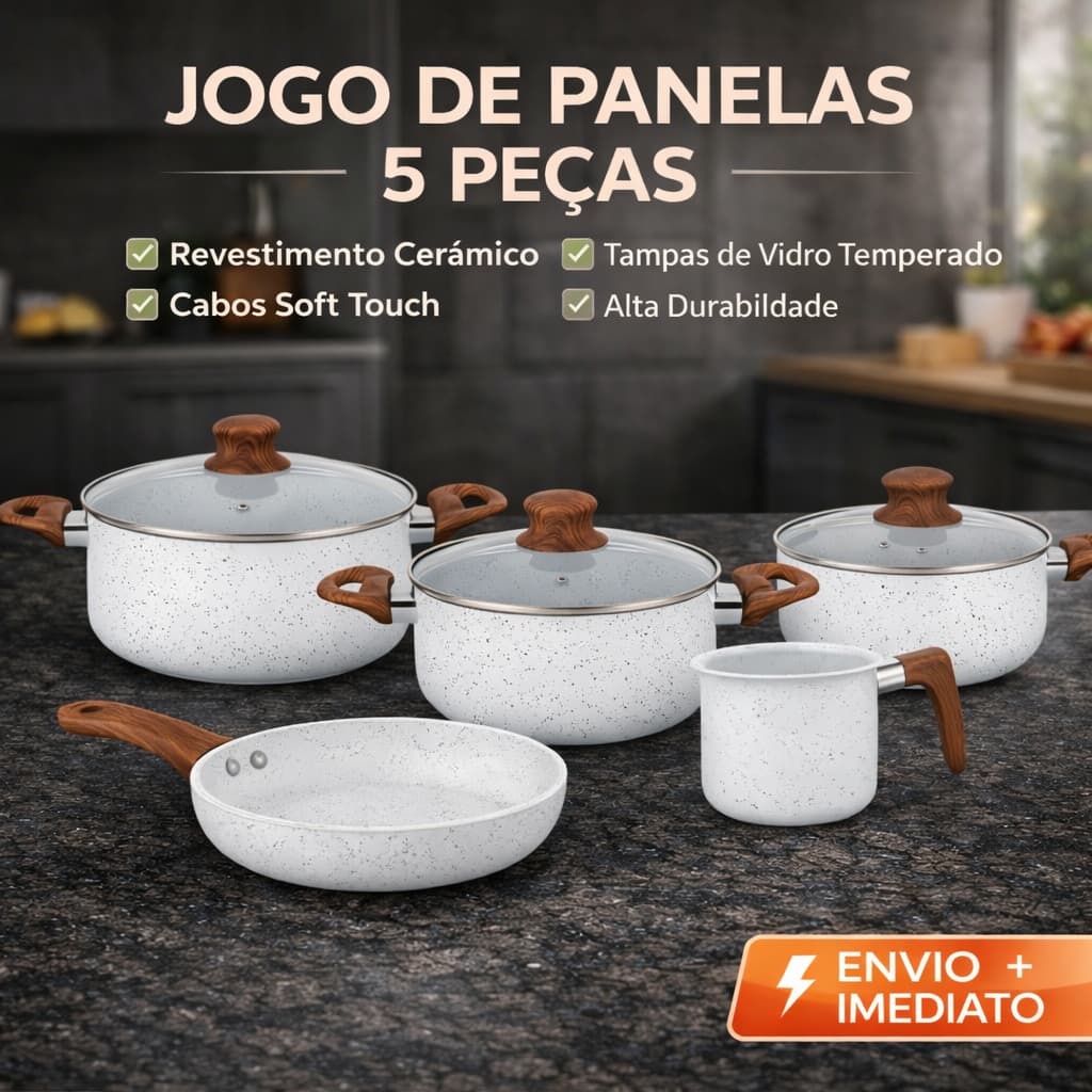 Jogo de Panelas Indução 5 Peças Cerâmica Antiaderente Cabo Soft Touch Frigideira 20cm Leiteira