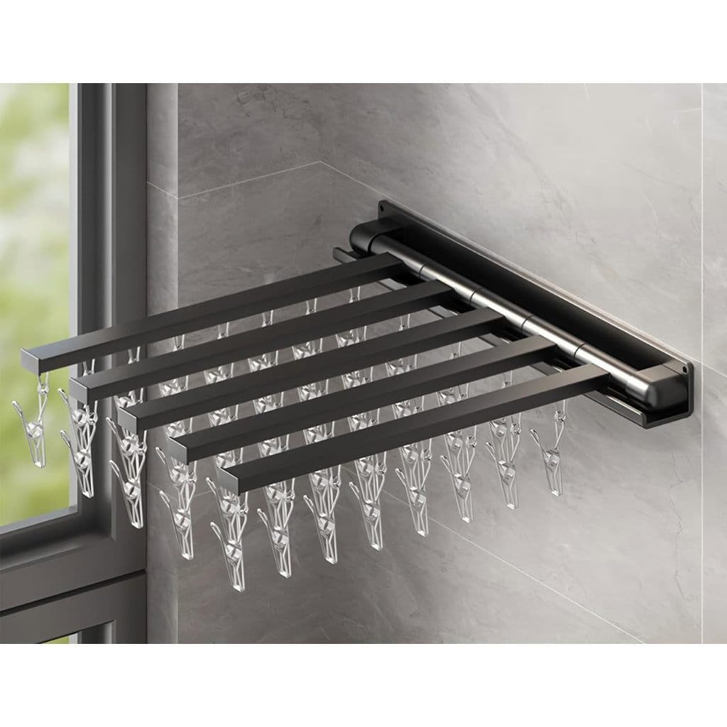 Varal de parede dobrável preto com Três barras, 30cmx36cm, com prendedores, perfeito para secar peças delicadas