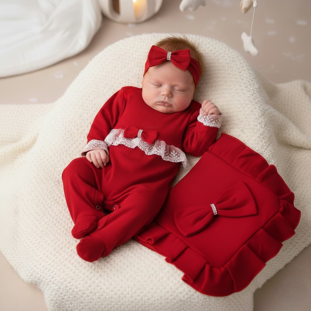 Saída Maternidade Luxo Menina Vermelho com Renda Bebê Recém Nascido Algodão 100% Kit com Manta