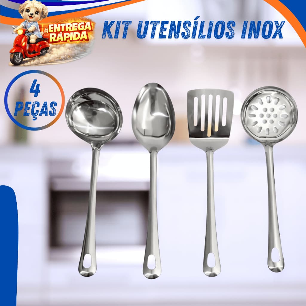 Kit Utensilio de Inox Premium Colher de Arroz, Concha, Espatula vazada Escumadeira Arroz Carne Sopa.