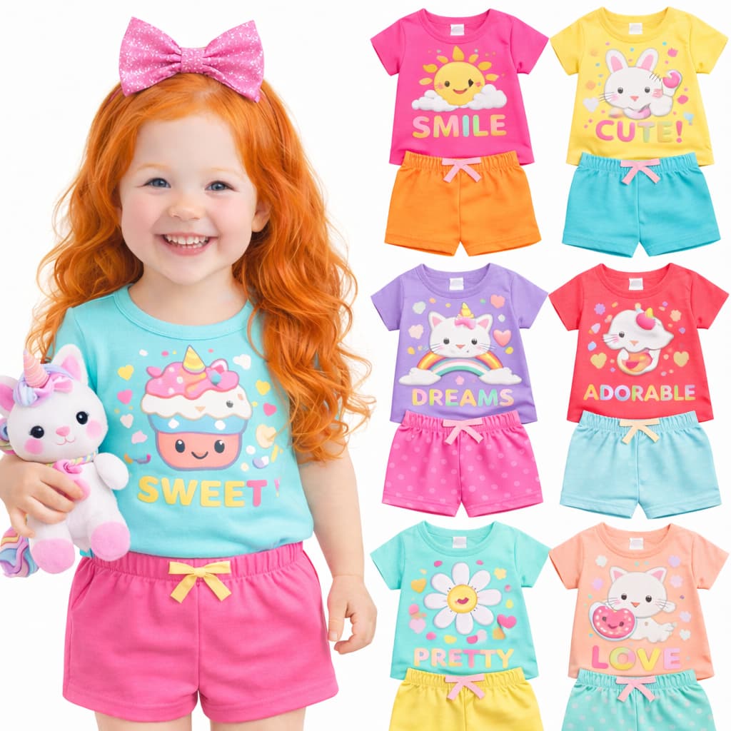 Kit 2 ou 4 Peças Roupa Infantil Menina Verão Kit 2 ou 1 Conjunto Criança Feminino Bebê Pronta Entrega Sortidos