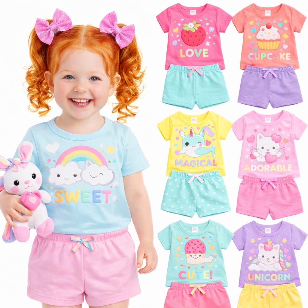Kit Sortido 2 ou 6 peças Conjuntos Infantil Bebê Feminino Verão Roupa Menina Verão Blusa e Shorts de Menina Verão