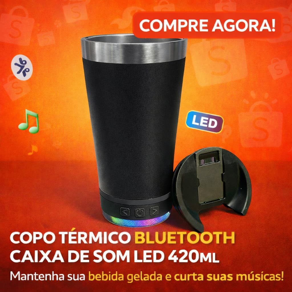 Copo Térmico Bluetooth com Caixa de Som LED Preto 420ml Azul Tampa Abridor Portátil Festa Praia