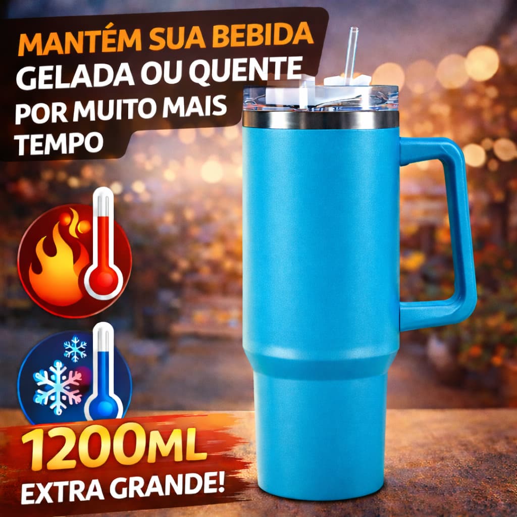 Caneca Térmica Inox 1200ml Copo Térmico com Alça e Canudo Mantém Bebida Gelada - Azul Ciano