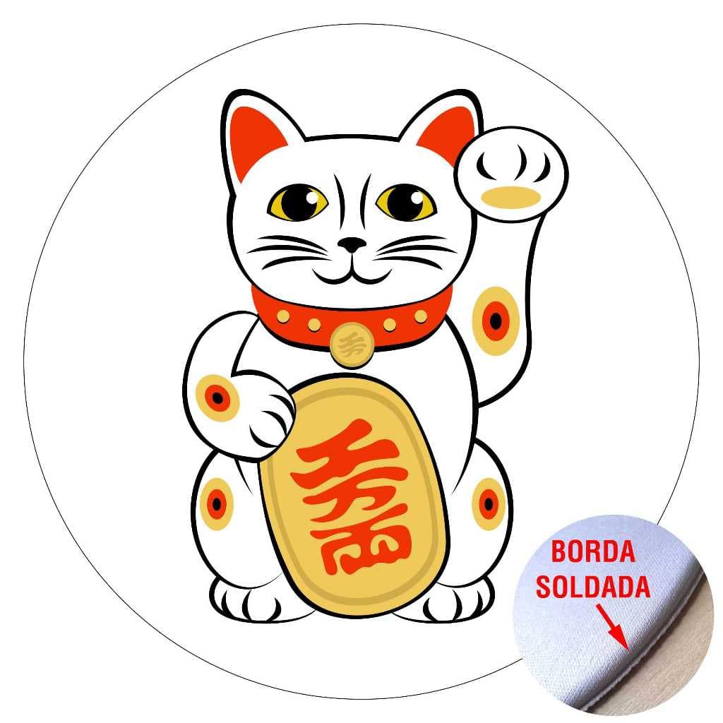 Mouse Pad Redondo Maneki Neko Gato da Sorte Japonês com Borda Soldada