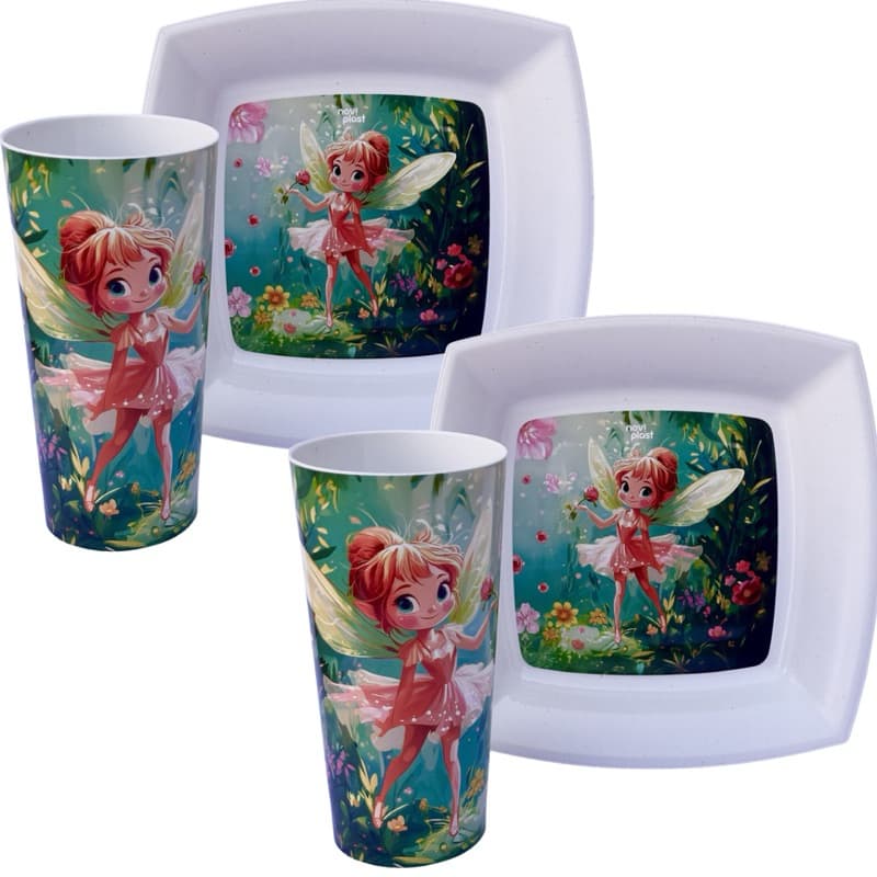 Prato e Copo Infantil Fada Encantada| 2 Kits Refeição Infantil Menina | Prato Plástico