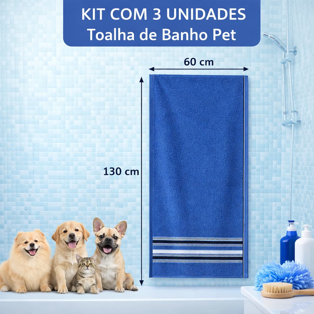 Toalha Absorvente para Cães e Gatos 3 unidades 60x130cm Gramatura 280g PetShop Banho Tosa Uso Diário