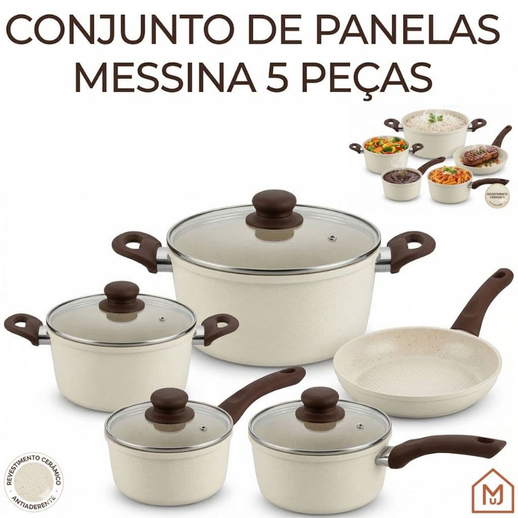 Jogo de Panelas 5 Peças Messina Panela Antiaderente Cerâmico de Indução Tampa de Vidro C/ Respiro