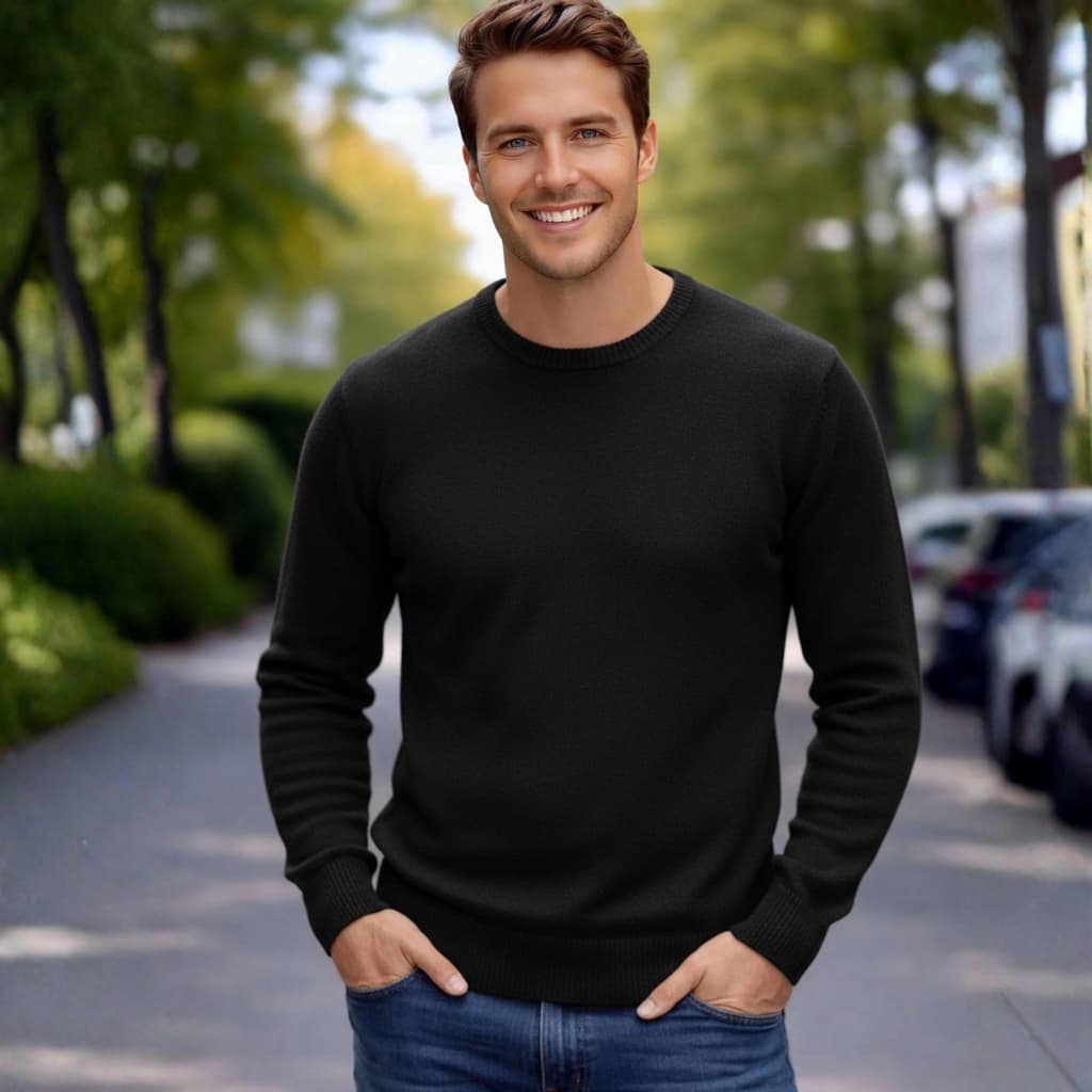 Suéter Masculino Preto Blusa Gola Redonda Básica Lã Inverno Tricot