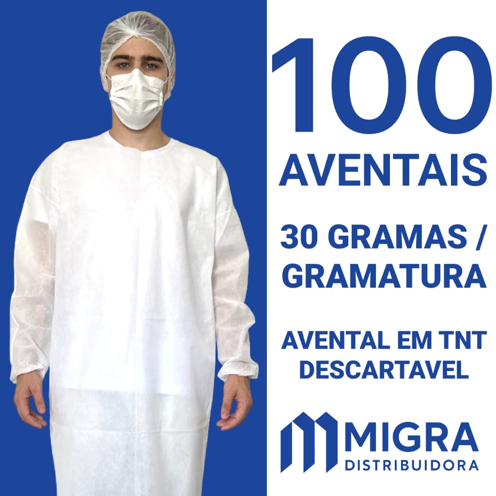 100 Avental Descartável 30g Kit Manga Longa Jaleco Capote TNT Gramatura Não Estéril Migra Gr 30gr Un