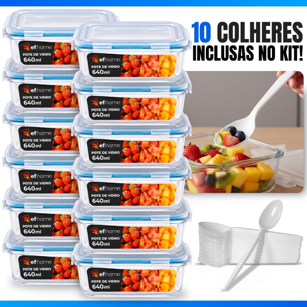 Kit 3/5/10/12 Potes Hermético 640ml Pote de Vidro Retangular Organizador Marmita Forno Microondas Freezer