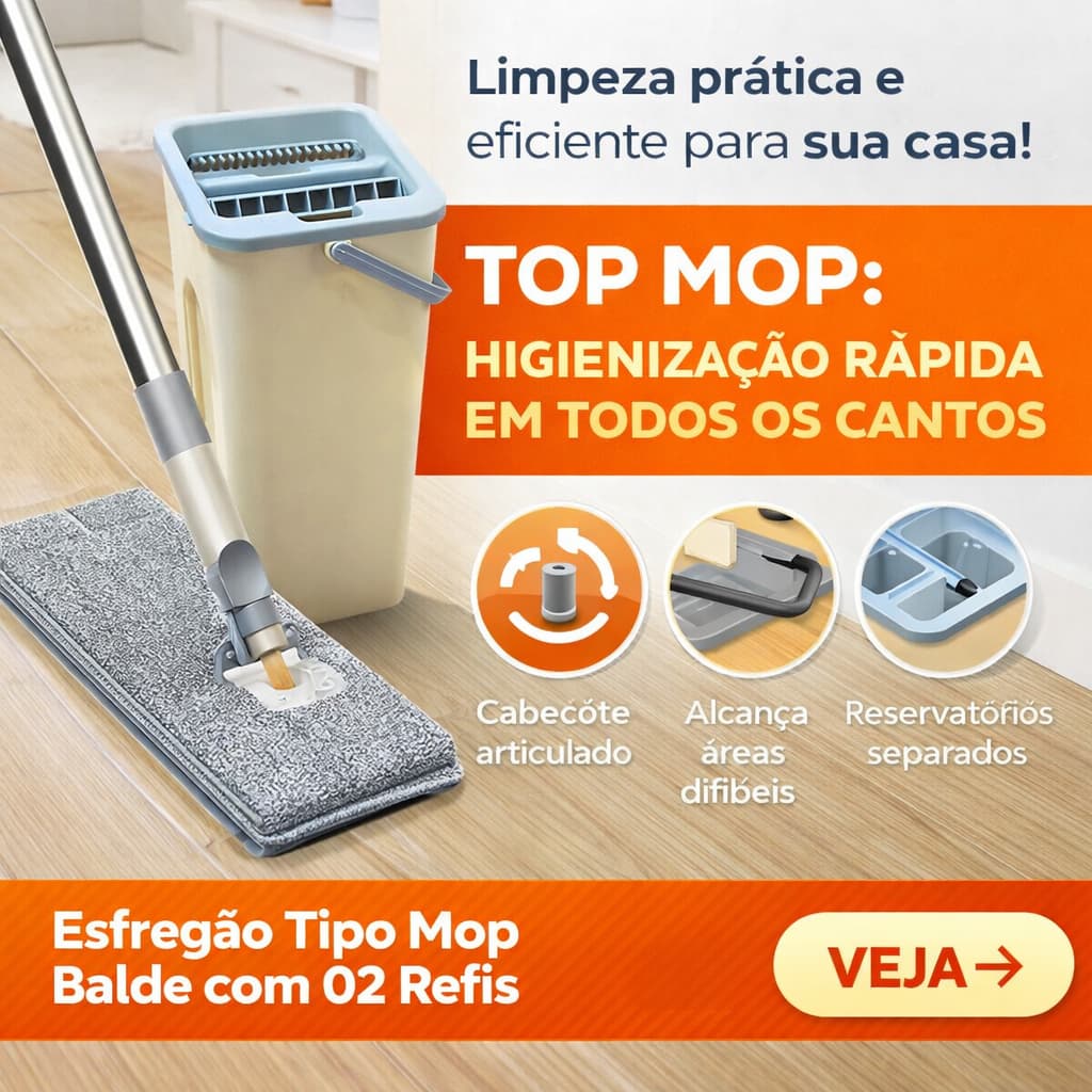 Esfregão Mop com Balde Escorredor Água Limpa e Suja + 2 Refis Microfibra Giratório 4 Direções