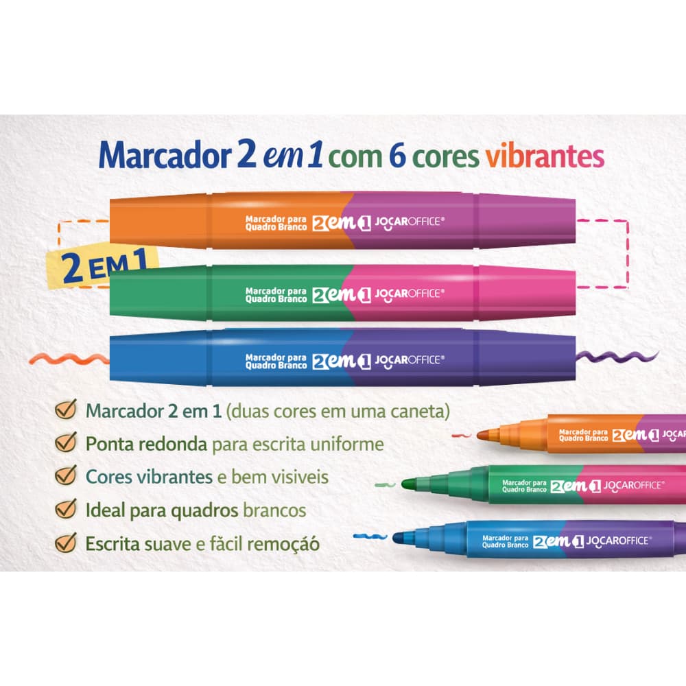 Marcador Quadro Branco 2 em 1 JocarOffice Ponta Dupla – 3 Canetas 6 Cores Vibrantes e apagador para quadro branco