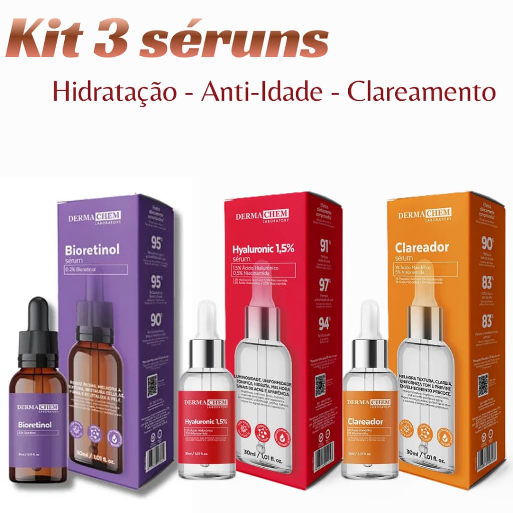 Kit 3 Séruns Dermachem Ácido Hialurônico + Bioretinol + Clareador Anti Idade Manchas Hidratação Pele