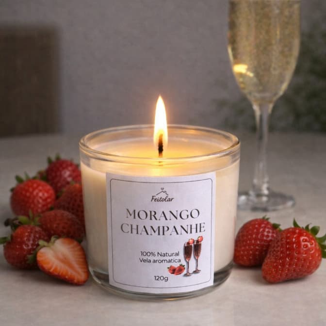 Vela Aromática 120g Morango e Champanhe Cera 100% Natural Coco Queima Limpa Não Tóxica