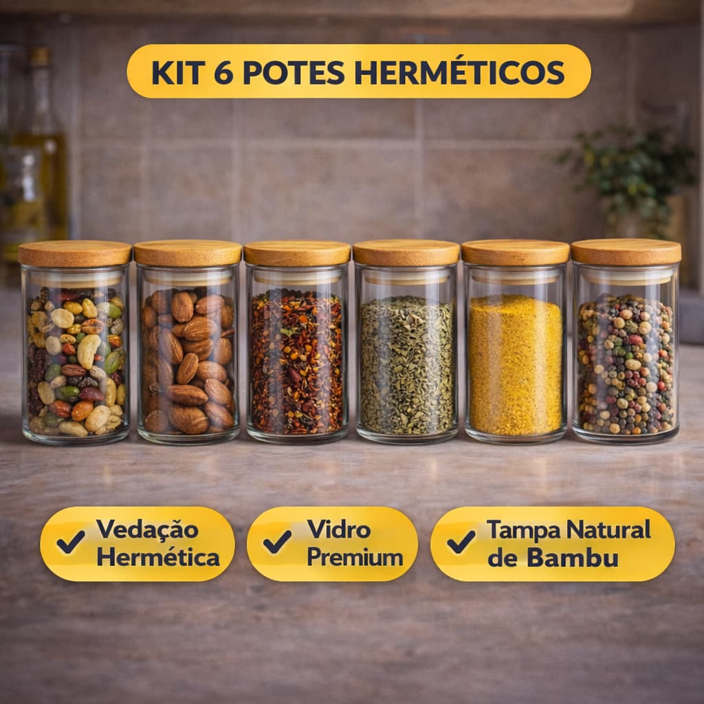 Kit 6 Potes Herméticos de Vidro com Tampa de Bambu 200ml | Porta Temperos Premium