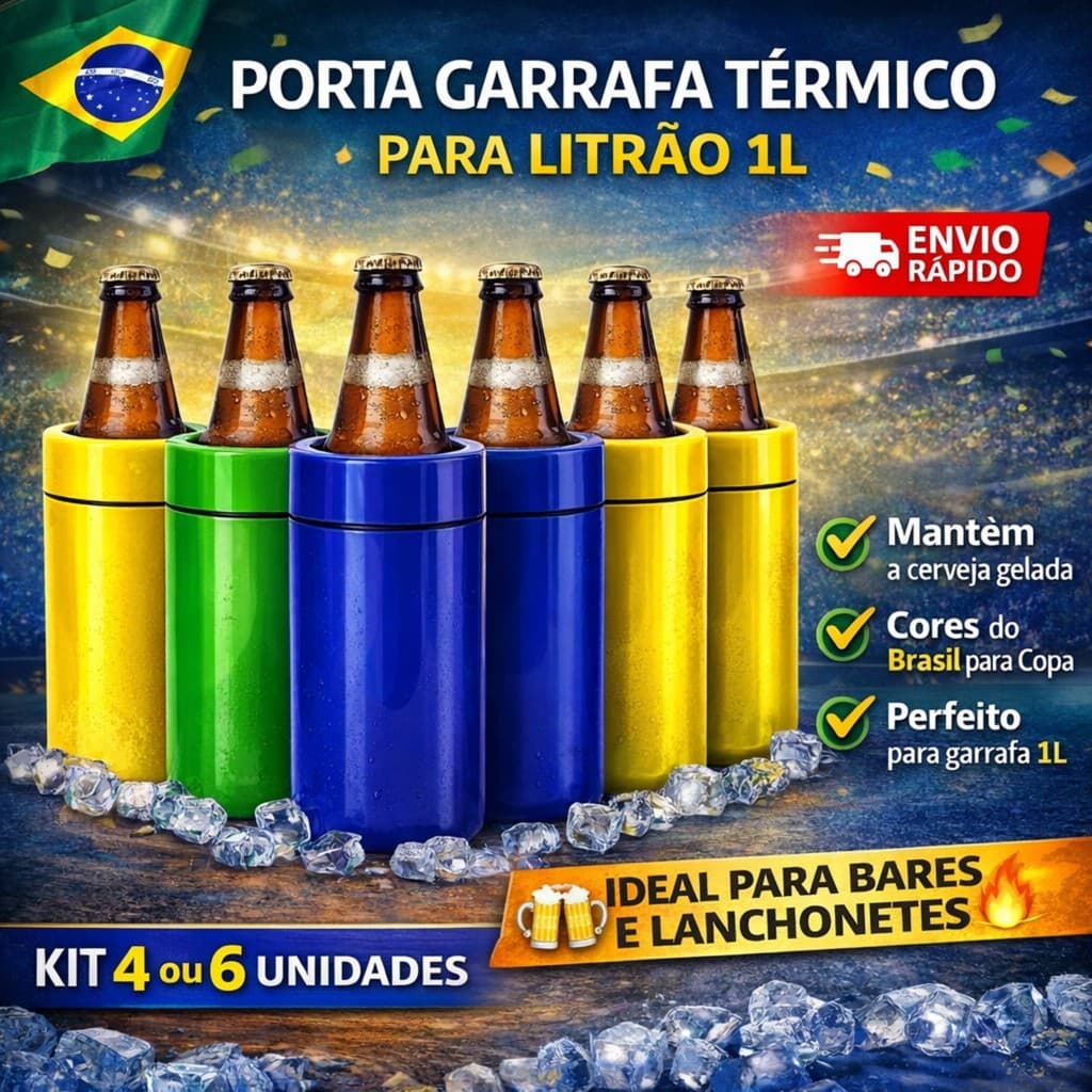 Kit 4 ou 6 Und Porta Litrão Térmico 1L Cerveja Mantém Gelada Verde Amarelo Azul Copa Do Mundo Brasil