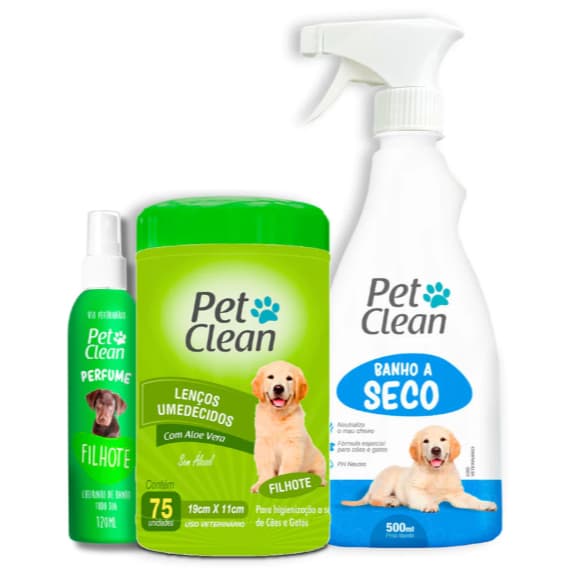 Kit Banho Sem Enxágue Lenço Umedecido + Banho a Seco + Perfume Pet Clean
