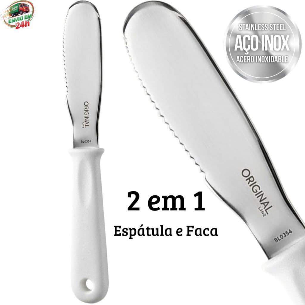 Espátula Faca 2 em 1 INOX Com Serra Corta Pão e Espalha Manteiga Patê Creme 19,7cm Multiuso Praticidade e Agilidade