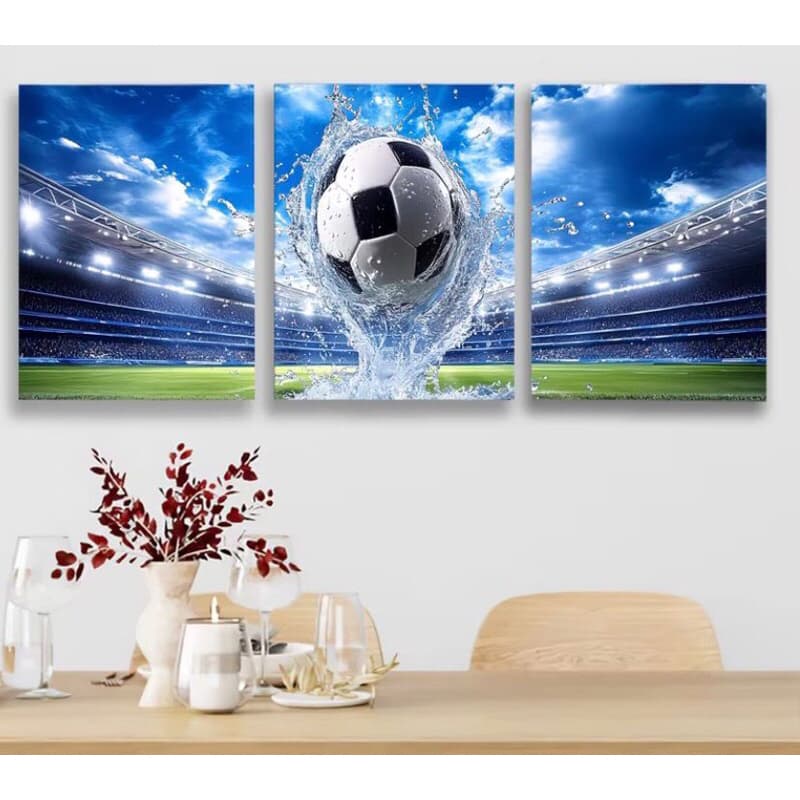 Kit 3 Quadros Decorativos Futebol Estádio e Bola Água – Decoração Quarto, Sala e Área Gourmet