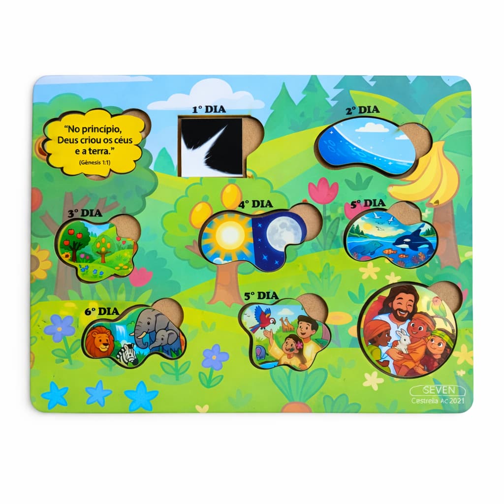 Brinquedo Biblico Quebra Cabeça Encaixe Jogo Cristão Educativo Criação do Mundo 19x24cm