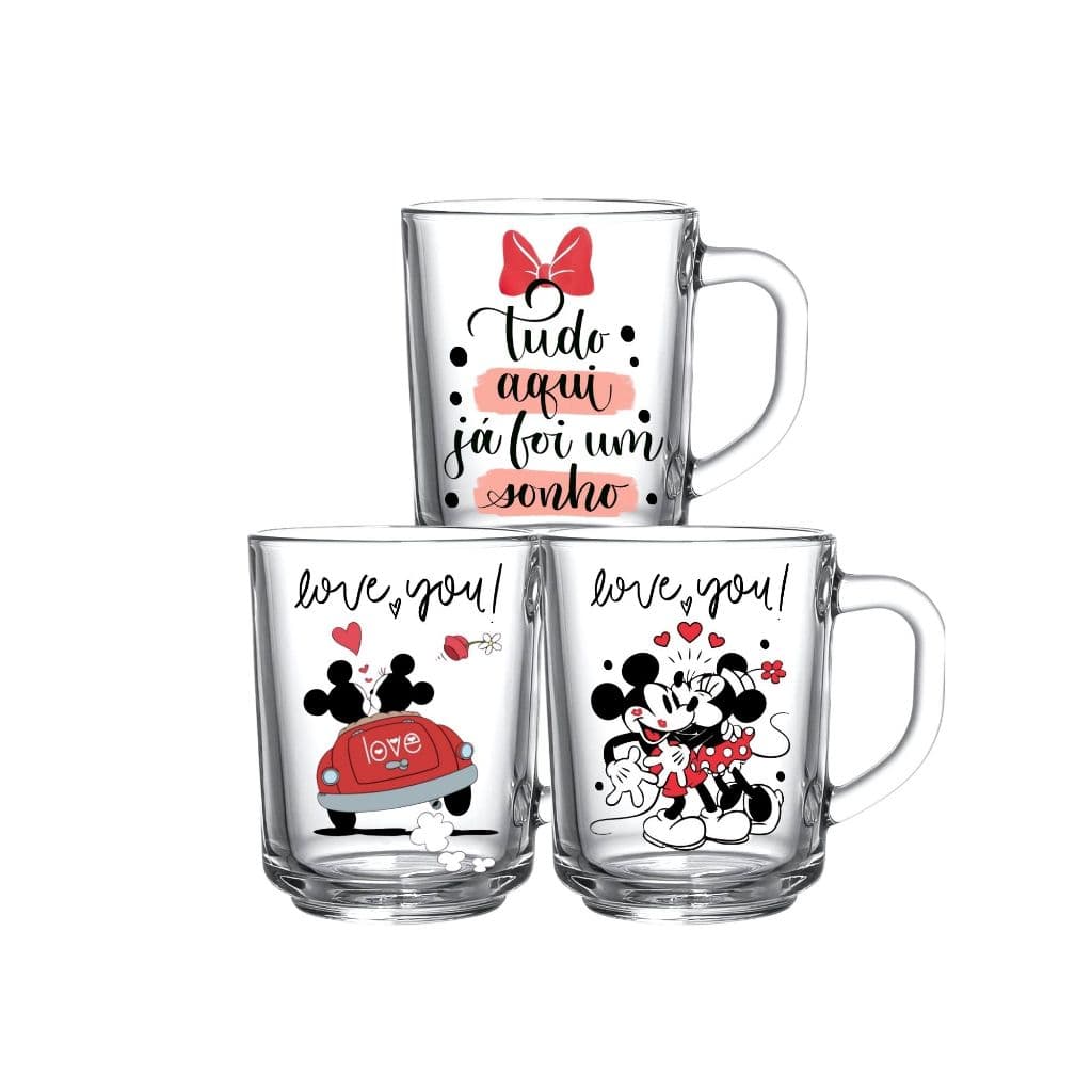 Kit 3 Canecas Vidro Temáticas Mickey e Minnie Love Decorativo Mesa Posta