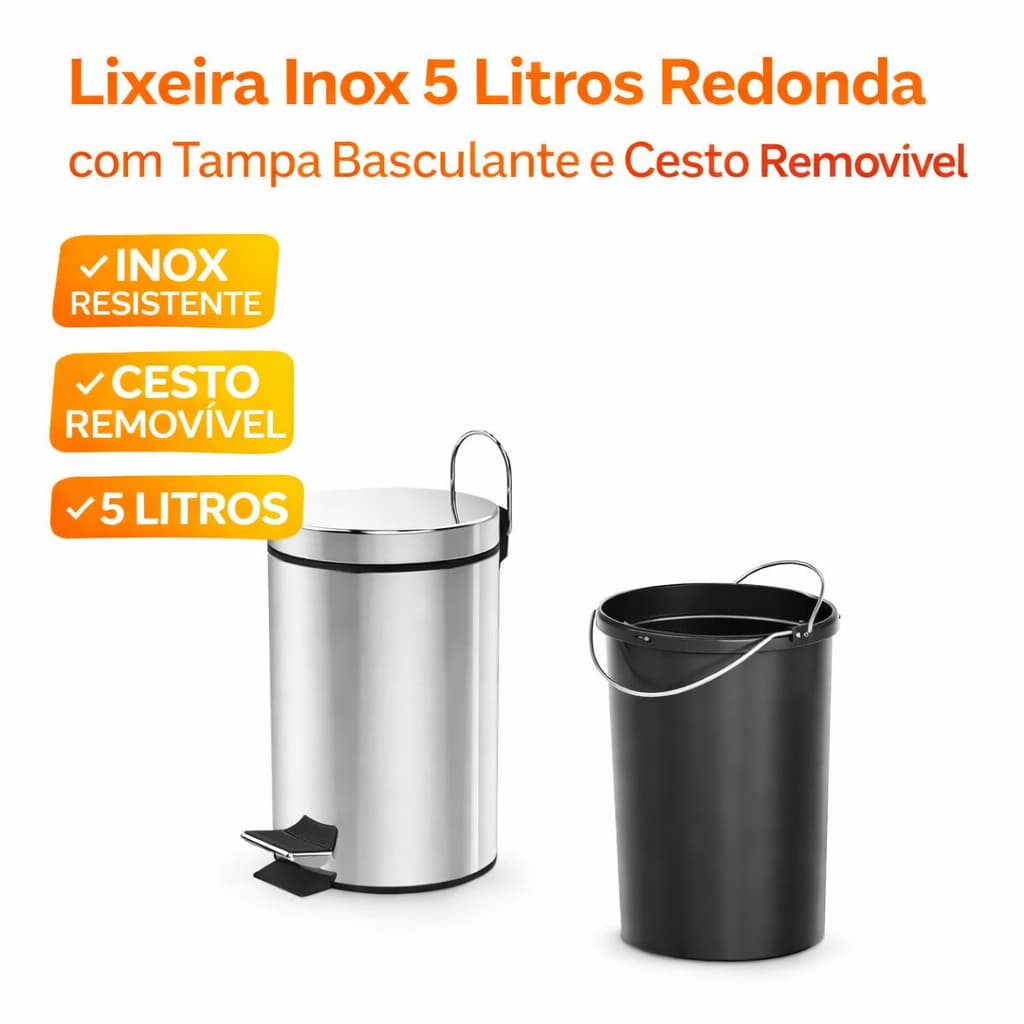 Lixeira Inox 5L Redonda com Tampa Basculante e Cesto Interno Removível Cozinha Banheiro