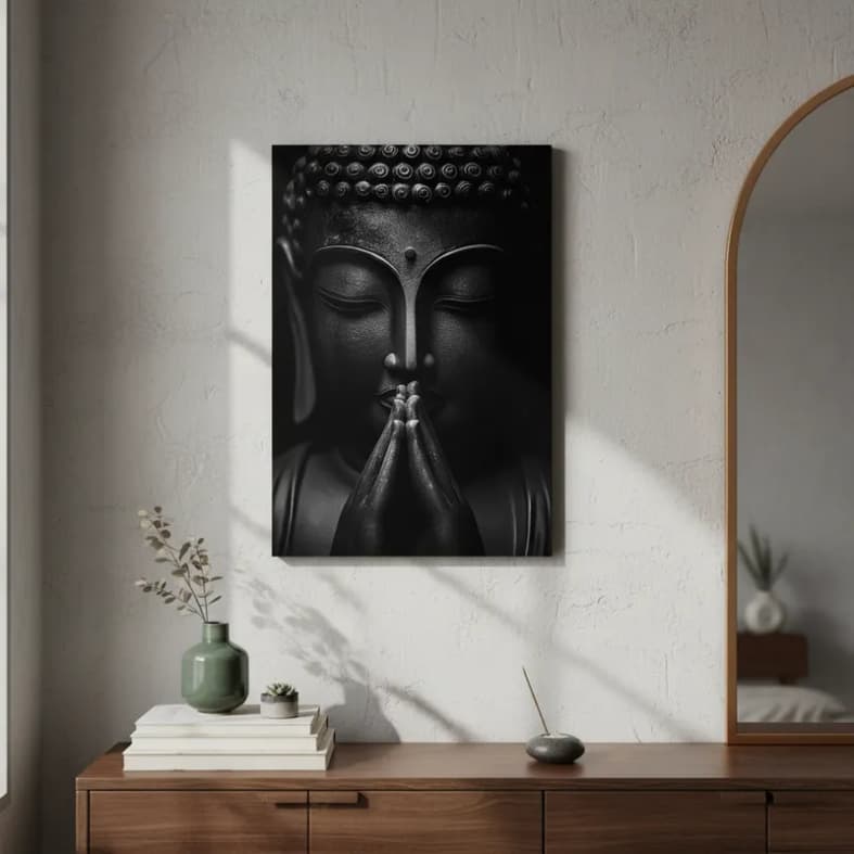 Quadro Arte Religiosa Buda Preto Branco Arte Espiritual Moderna Tranquilidade Canva 60x40