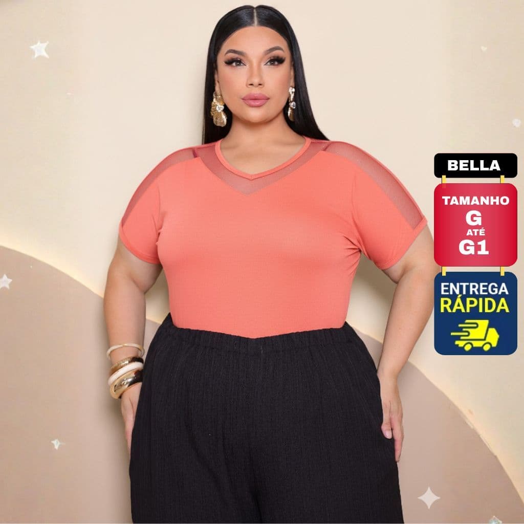 Blusa Plus Size Feminina Maga Curta Japonesa com Transparência Tule Moda Feminina GG G1 G2